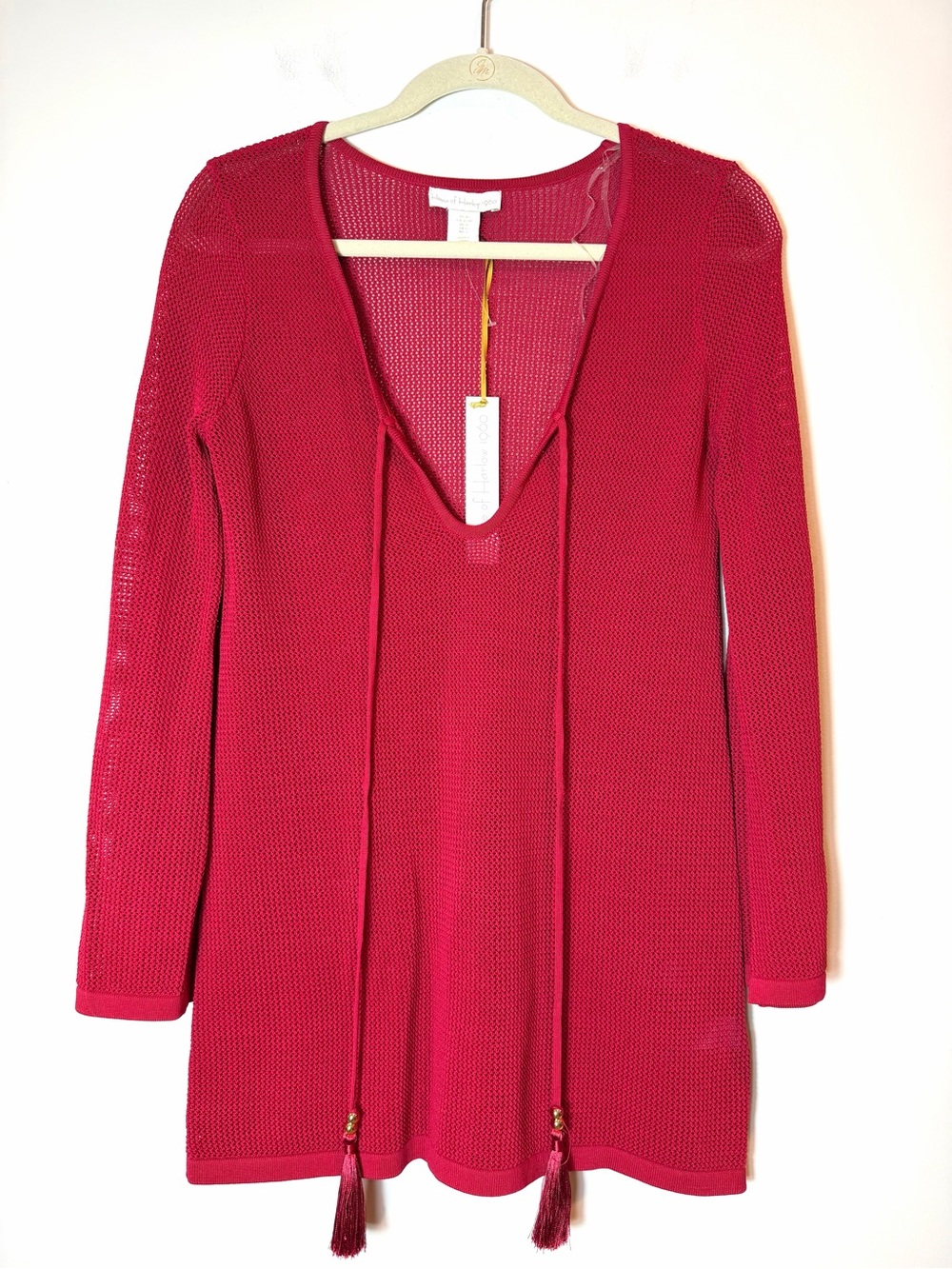 House of Harlow 1960 Red Open Knit Mesh Tassel Tie Swim Coverup Tunic Size XS